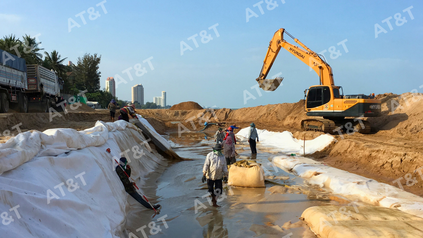 Thi công bơm cát vào bao Geobag tại công trình kè thủy lợi