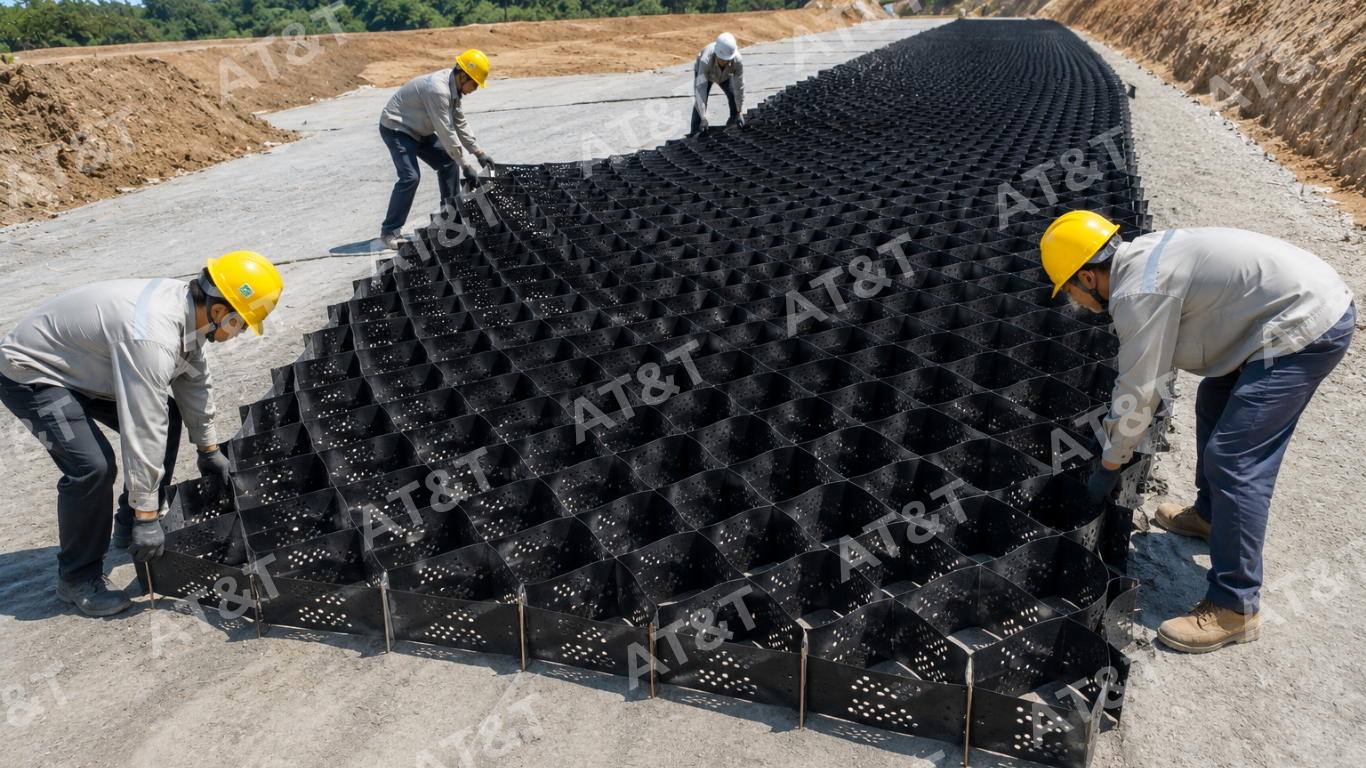 Kéo giãn và định vị tấm ô địa kỹ thuật trên mặt bằng
