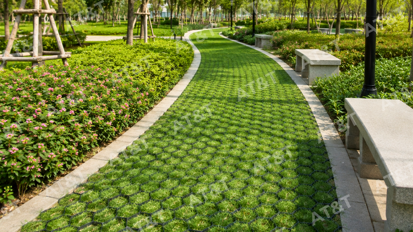 Bề mặt cỏ xanh thẩm mỹ ứng dụng geocell lót lối đi công viên